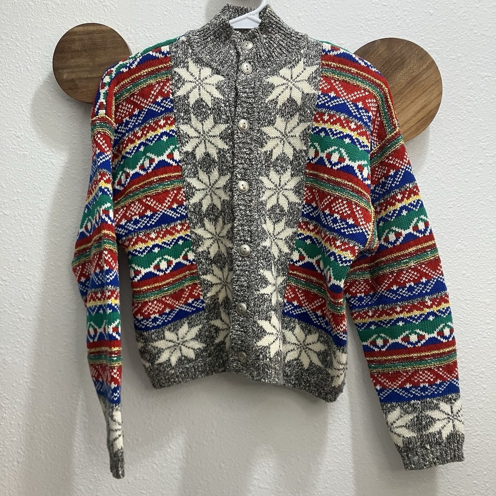 VTG Fair Isle Cardigan Women's Small Petite Chunky Knit Geometric Snowflake